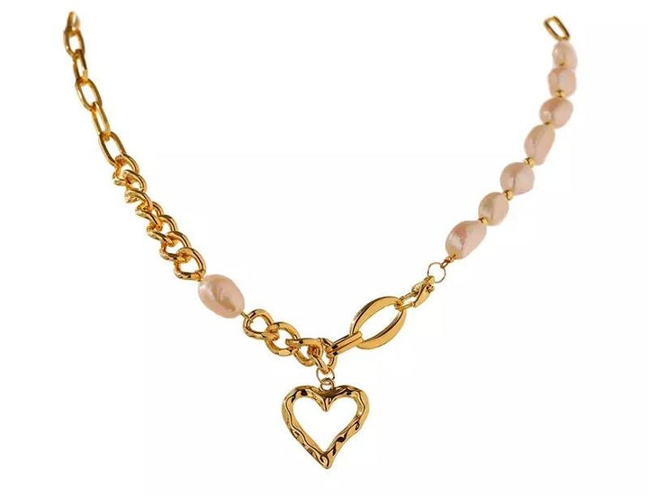 Pearl Link Necklace with Heart Pendant Necklace
